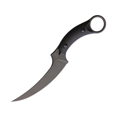 Bastinelli Creations Mako Knife 8.75in Overall 4.75in Black Stonewash N690Co Steel Curved Blade Black Grooved G10 Handle Finger Ring Black Kydex