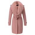 Giolshon Women's Faux Suede Long Jacket Lapel Belted Coat Trench Outwear Cardigan with Detachable Faux Fur Collar FF20 Pink XXL