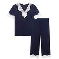 Amorbella Knit Pyjamas/PJs Capri Set Lady Short Sleeve Bamboo Soft Lace V-Neck Jersey Breathable Crop Pants Nightwear Set (Navy Blue, XXL)