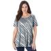 Plus Size Women's Swing Ultimate Tee with Keyhole Back by Roaman's in Grey Bias Stripe (Size M) Short Sleeve T-Shirt