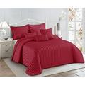 3 Piece Embossed Strip Bedspread Pom Pom Trim Edges Fancy Comforter with Pillow Sham (Red, Super King)