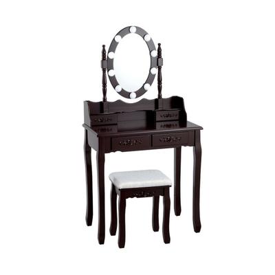 Costway Makeup Dressing Table with Touch Switch Lighted Mirror and Cushioned Stool-Brown