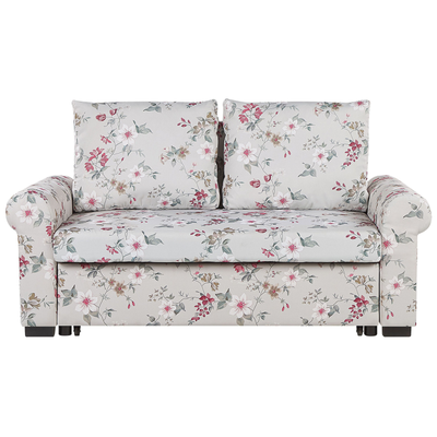 2-Sitzer Sofa Grau Stoffbezug Blumenmotiv Ausziehbar mit Schlaffunktion Rückenkissen Niedrige Armlehnen Retro Wohnzimmer