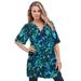 Plus Size Women's Short-Sleeve Angelina Tunic by Roaman's in Turquoise Tropical Leaves (Size 42 W) Long Button Front Shirt