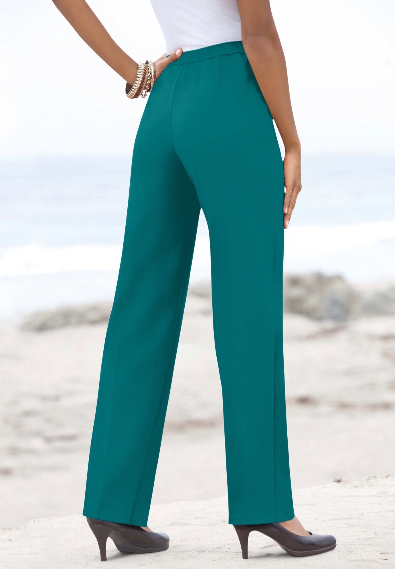 Plus Size Women's Classic Bend Over® Pant - Woven Pull-On Straight Leg Pant by Roaman's in Tropical Teal (Size 14 W) Pull On Slacks