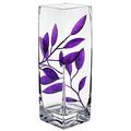 Luxury Hand Blown Glass Vase - Decorated with Etched, Painted Leaves - Gift Box - Clear Square Vase Centerpiece Thick Glass for Home Decor, Gift - 9.8 in (25 cm) (Purple)