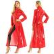 Choomomo Womens Adult Shiny Metallic Vinyl Turtleneck Zipper Trench Coat Long Jacket Dress Red XL