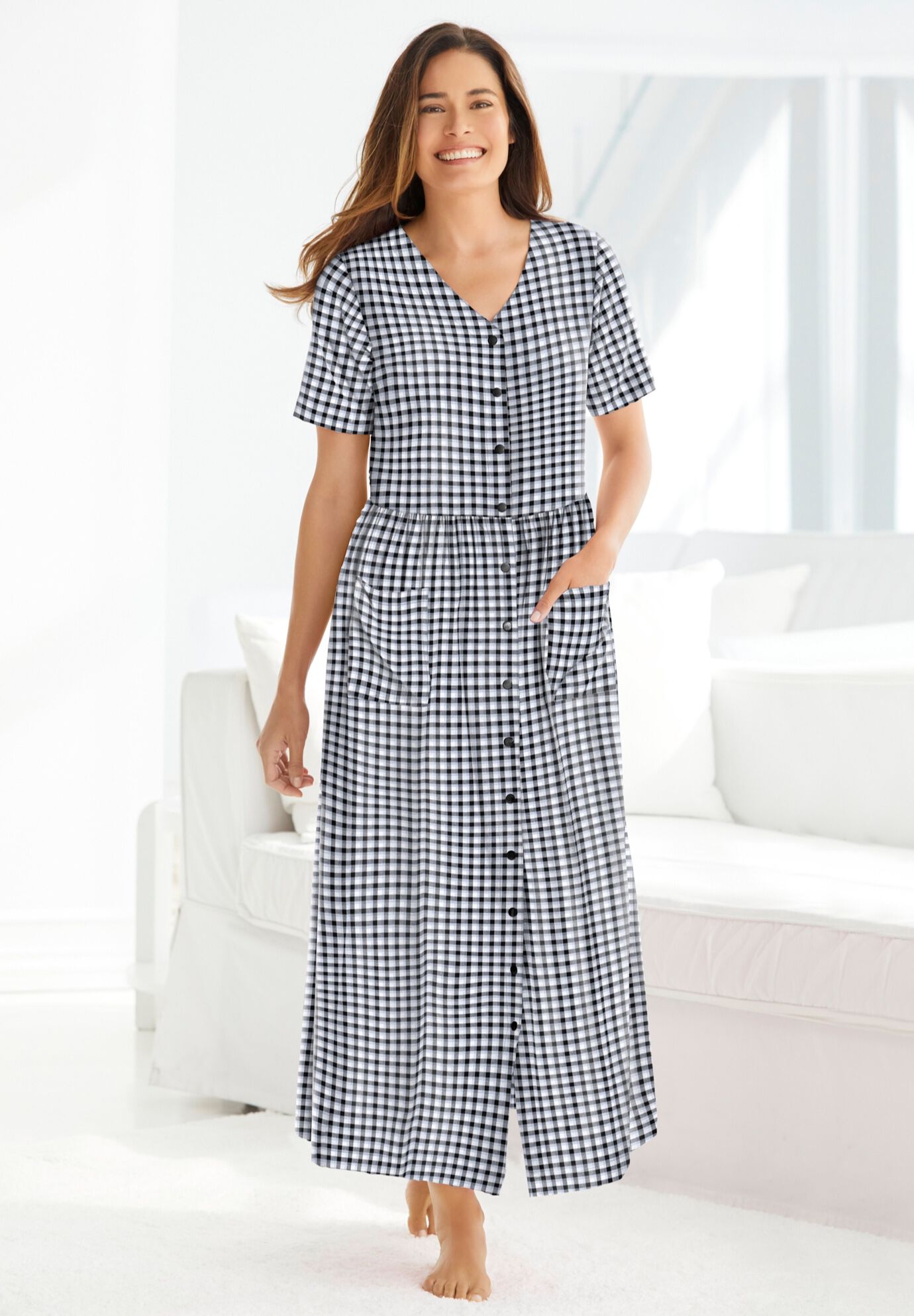 Plus Size Women's Long Seersucker Lounger by Only Necessities in Black White Gingham (Size M)