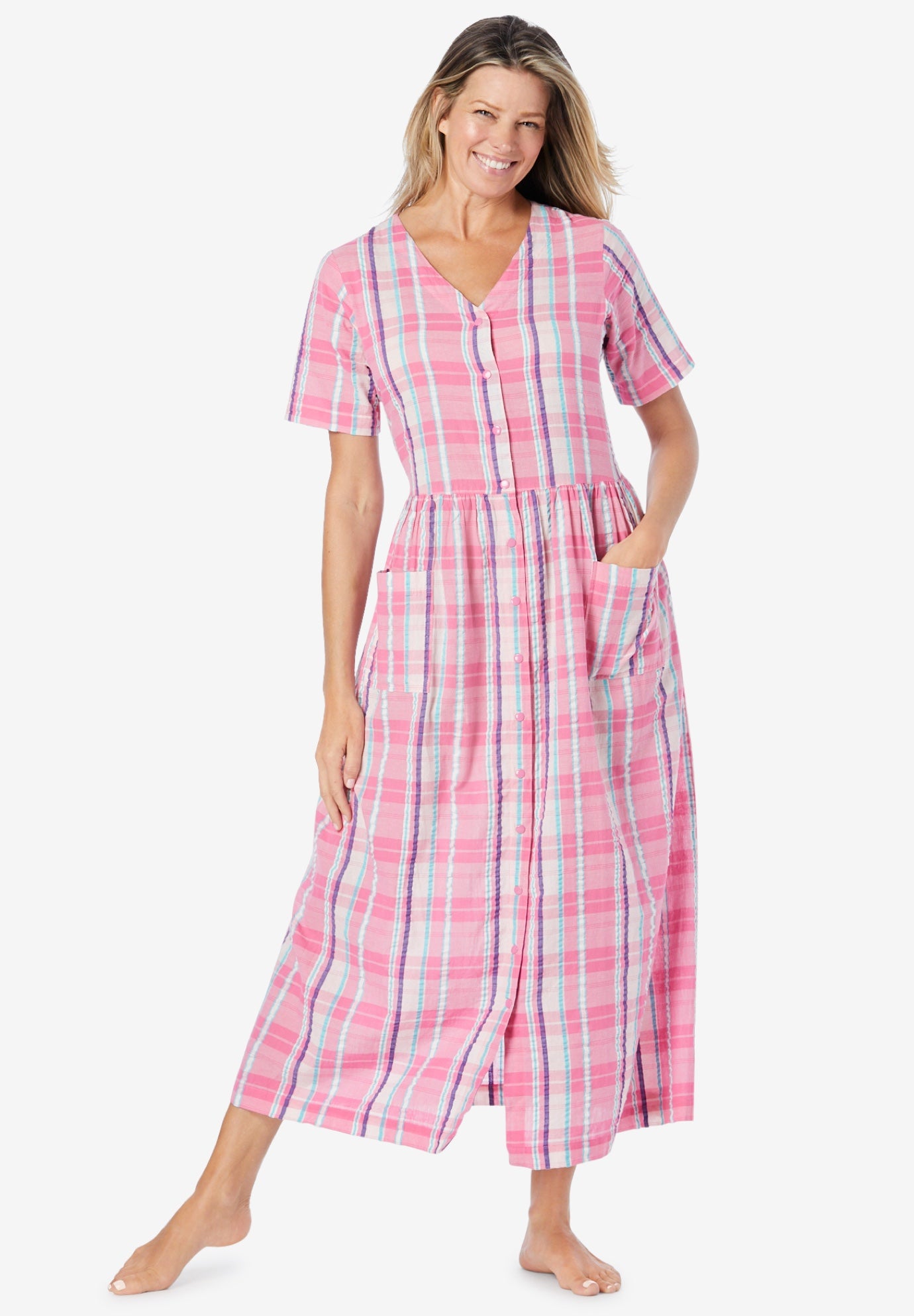 Plus Size Women's Long Seersucker Lounger by Only Necessities in Peony Petal Plaid (Size 4X)