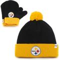 Infant '47 Black/Gold Pittsburgh Steelers Bam Cuffed Knit Hat With Pom and Mittens Set