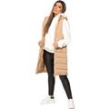 Womens Ladies Sleeveless Hooded Quilted Puffer Side Split Zip Gilet Waistcoat Padded Winter Vest Jacket Parka Coat Long Bodywarmer Beige UK Size XL-14