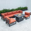 LeisureMod Chelsea 7-Piece Patio Sectional And Fire Pit Table Black Aluminum With Cushions - LeisureMod CSFBL-7OR