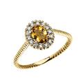 Yellow 9 ct Gold Dainty Halo Diamond and Oval Citrine Solitaire Rope Design Engagement/Promise Ring QII