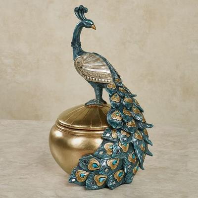 Poised Peacock Decorative Covered Box Blue , Blue