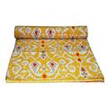 YUVANCRAFTS Indian Handmade Ikat Print Kantha Quilt Queen Size Pure Cotton Kantha Throw Vintage Kantha Bedspread Blanket (Yellow, Twin Size)
