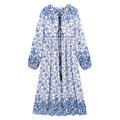 R.Vivimos Women's Casual Bohemian Print Neck Tie Long Sleeve Beach Style Long Midi Dress Vocation Dress (XS, WhiteBlue)