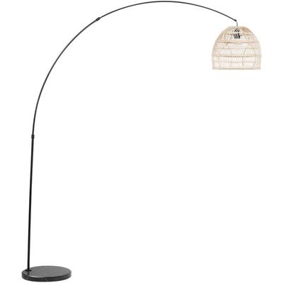 Stehlampe Schwarz Metall 195 cm Rattanschirm Beige Marmorfuß Kabel mit Schalter Bogenlampe Boho Look