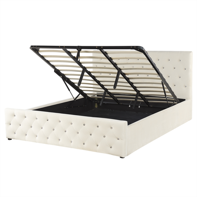 Polsterbett Beige Samtstoff 180 x 200 cm mit Bettkasten hochklappbar u. hohem Kopfteil Doppelbett Elegantes Modernes Ges
