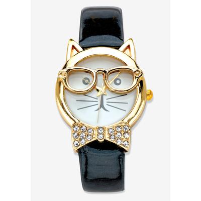 Women's Gold Tone Bowtie Cat Watch with Adjustable Black Strap 8" by PalmBeach Jewelry in Black