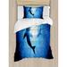 East Urban Home Shark Underwater World w/ Fish Silhouettes Circling in the Sea Surreal Ocean Life Print Duvet Cover Set Microfiber in Blue | Wayfair