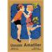 Buyenlarge Chocolate Amatller: Barcelona (Kissing Children) Vintage Advertisement in Blue/Brown/Orange | 42 H x 28 W x 1.5 D in | Wayfair