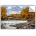 Ebern Designs Michael Beach Autumn Covered Bridge Removable Wall Decal Vinyl in Blue/Gray/Yellow | 8 H x 12 W in | Wayfair