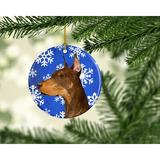 The Holiday Aisle® Doberman Winter Snowflakes Holiday Christmas Hanging Figurine Ornament /Porcelain in Blue/White | 3 H x 3 W x 0.25 D in | Wayfair