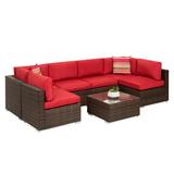 Arlmont & Co. Mitzka 7 Piece Rattan Sectional Seating Group w/ Cushions Synthetic Wicker/All - Weather Wicker/Wicker/Rattan in Red | Outdoor Furniture | Wayfair