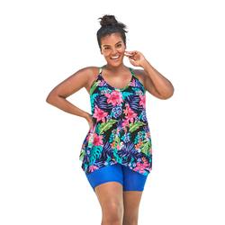 Plus Size Women's Longer Length Mesh Tankini Top by Swim 365 in Black Tropical Floral (Size 20)