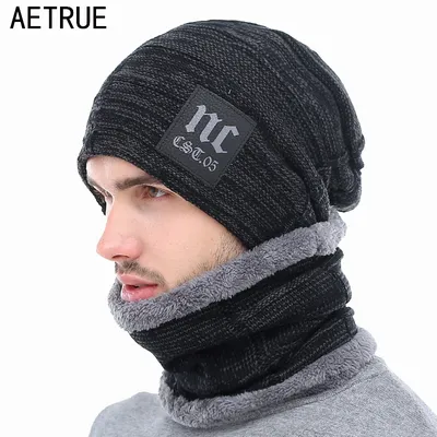 AETRUE – Bonnet tricoté pour hommes et femmes écharpe masque Gorras chaud Baggy Skullies