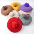 Béret à Pompons pour Enfant Casquette Octogonale en Laine Solide Chapeau de Peintre pour Fille de