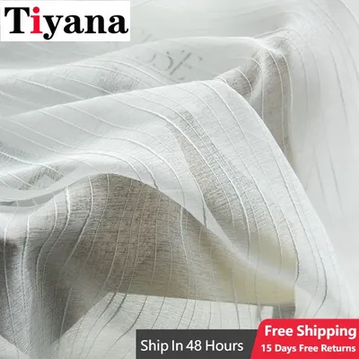 Tiyana-Rideaux en tulle transparent brodé à rayures blanches rideaux de panneau personnalisés