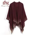 Poncho en laine véritable pour femme étole à la mode Wraps Pashmina écharpe d'hiver rayée pull à