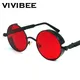 VIVIBEE-Lunettes de soleil rondes rouges Steampunk pour hommes et femmes alliage métallique