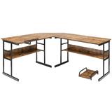 Costway L-Shaped Computer Desk with Tiltable Tabletop-Rustic Brown