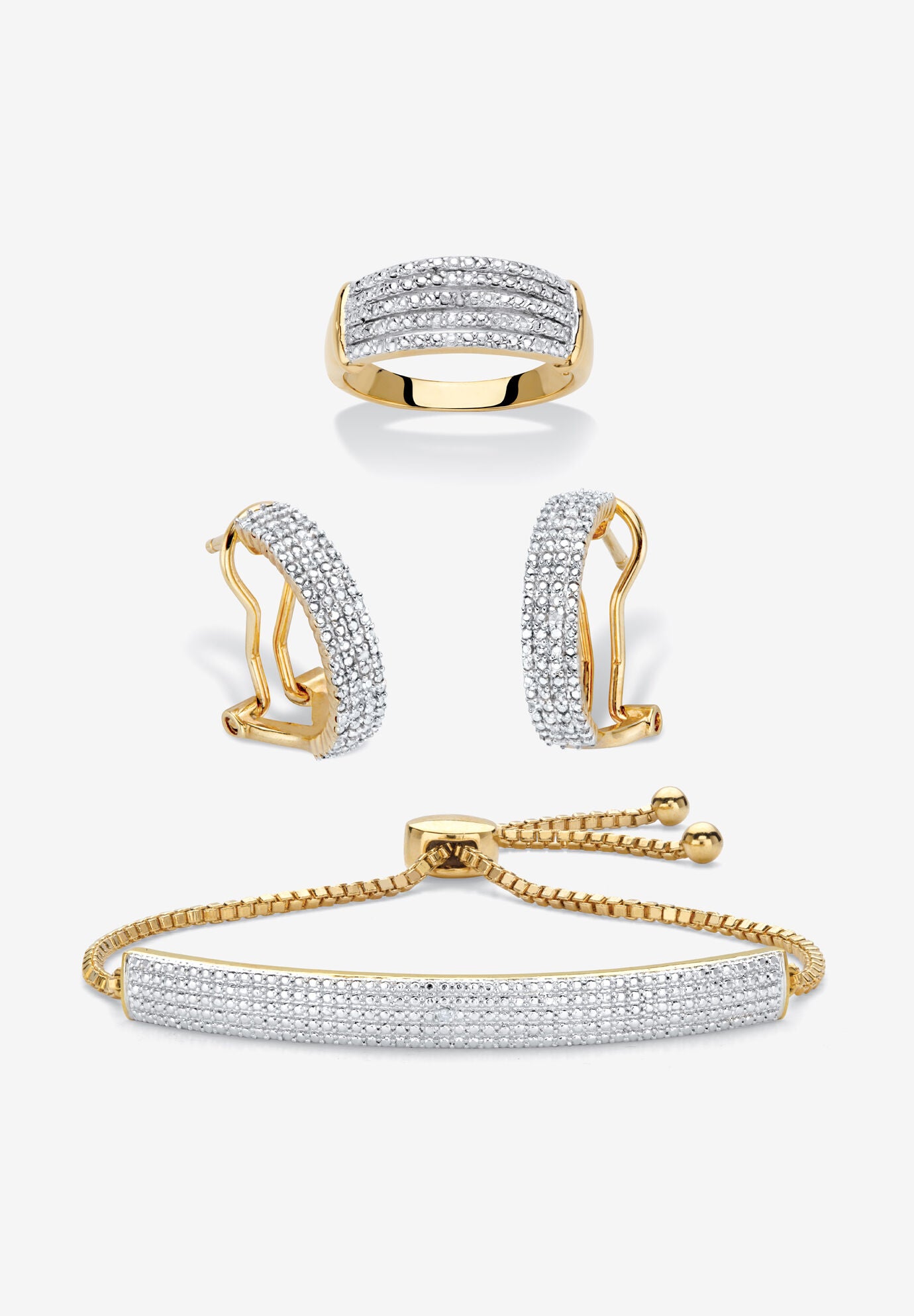 Women's 18K Gold-Plated Diamond Accent Demi Hoop Earrings, Ring and Adjustable Bolo Bracelet Set 9" by PalmBeach Jewelry in Gold (Size 9)
