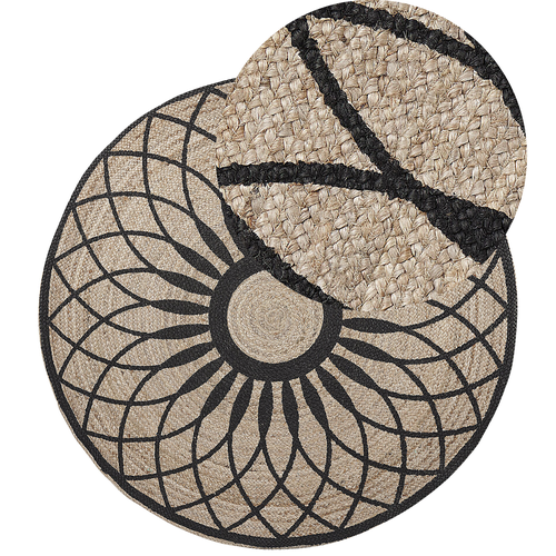 Teppich Beige / Schwarz ⌀ 140 cm aus Jute Kurzflor mit Rosettenmuster Fußbodenaccessoire Vorleger Rund Boho Stil Modernes Design