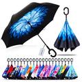 Owen Kyne Windproof Double Layer Folding Inverted Umbrella, Self Stand Upside-down Rain Protection Car Reverse Umbrellas with C-shaped Handle (Blue Flower)