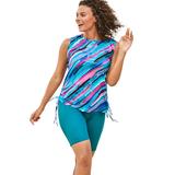 Plus Size Women's Chlorine Resistant Swim Tank Coverup with Side Ties by Swim 365 in Teal Painterly Stripes (Size 14/16) Swimsuit Cover Up