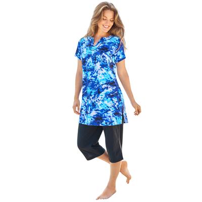 Plus Size Women's Longer Length Short-Sleeve Swim Tunic by Swim 365 in Multi Underwater Tie Dye (Size 34)