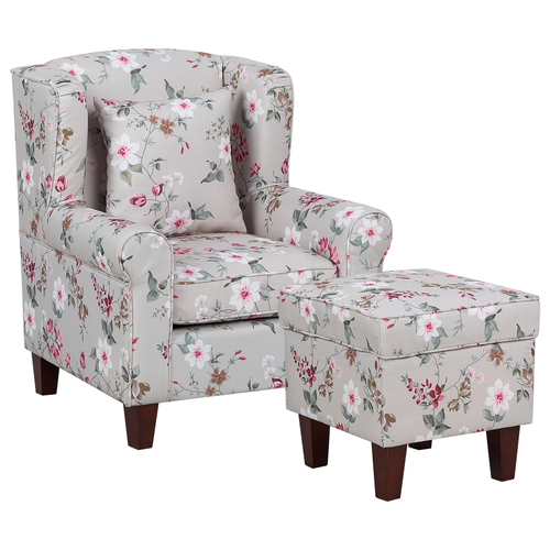 Sessel Beige / Grün / Rosa Polsterbezug mit Hocker Blumenmuster Wohnzimmerausstattung Salon Schlafzimmer Essbereich Modern