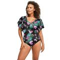 Plus Size Women's Flutter-Sleeve One-Piece by Swim 365 in Hibiscus Dot (Size 32) Swimsuit