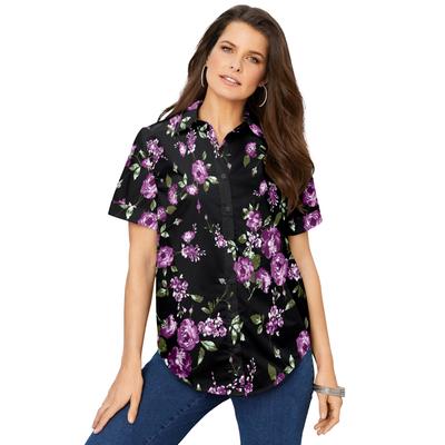 Plus Size Women's Kate Short Sleeve Shirt by Roaman's in Purple Rose Floral (Size 16 W) Button Down Shirt Blouse