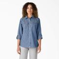 Dickies Women's Chambray Roll-Tab Work Shirt - Stonewashed Light Blue Size S (FL501)