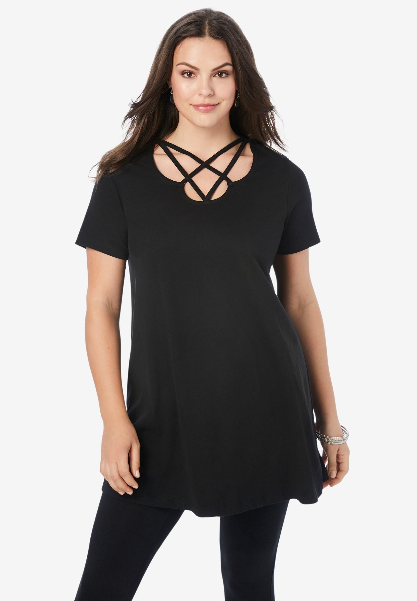 Plus Size Women's Ultimate Lattice Neck Short Sleeve Tunic by Roaman's in Black (Size 26/28)