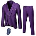 YND Men's Slim Fit 2 Button 3 Piece Suit Set, Blazer Jacket Vest Pants and Tie, Solid Wedding Dress Tux and Trousers Deep Purple