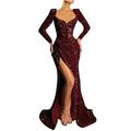 Fhuuly Women's Sparkling Red Sequin Mermaid Cap Sleeves Evening Dress Bodycon Prom Dress Long Sleeve Deep V Maxi Skirt （Wine，2XL）