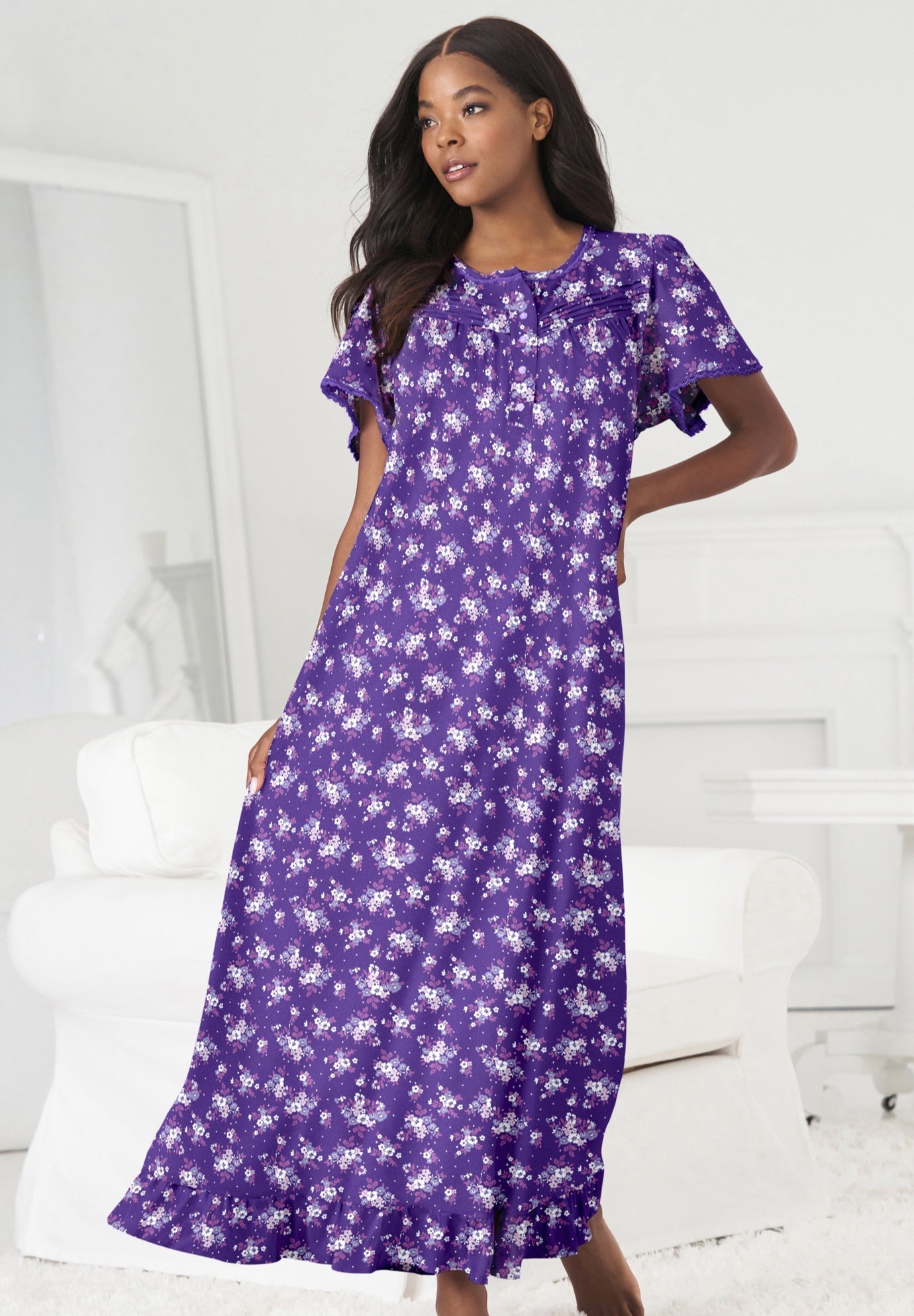 Plus Size Women's Long Floral Print Cotton Gown by Dreams & Co. in Plum Burst Bouquet (Size L) Pajamas