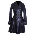 Caroline Black Ladies Women's Military Style Double Breasted Knee Length Designer Real Lambskin Leather Flare Trench Coat (Sizes: 8 to 22 Available) (Size: 14)
