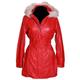 Juliet Red Ladies Detachable Fur Hood Military Style Elasticated Waist Knee Length Designer Winter Real Lambskin Leather Parka Coat (Sizes: 8 to 22 Available) (Size: 18)